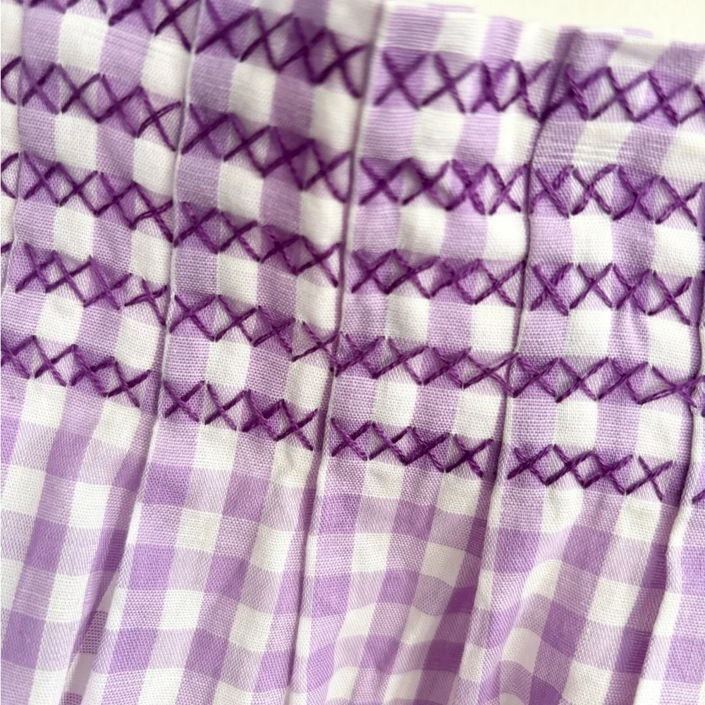 Vintage Handmade Apron Purple Gingham Tie Back , Pocket Cross Stitch Detailing